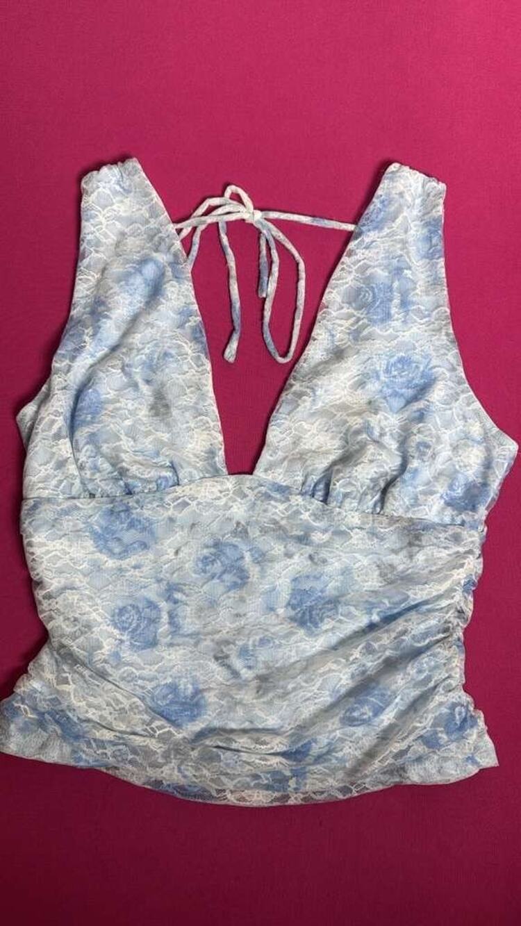 Wild Fable Lace Floral Tank Top – Blue White Tie‑Back Satin Ruched Size M